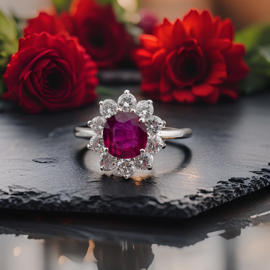 Ring aus 750er Weißgold mit einem Rubin und Diamantenkranz