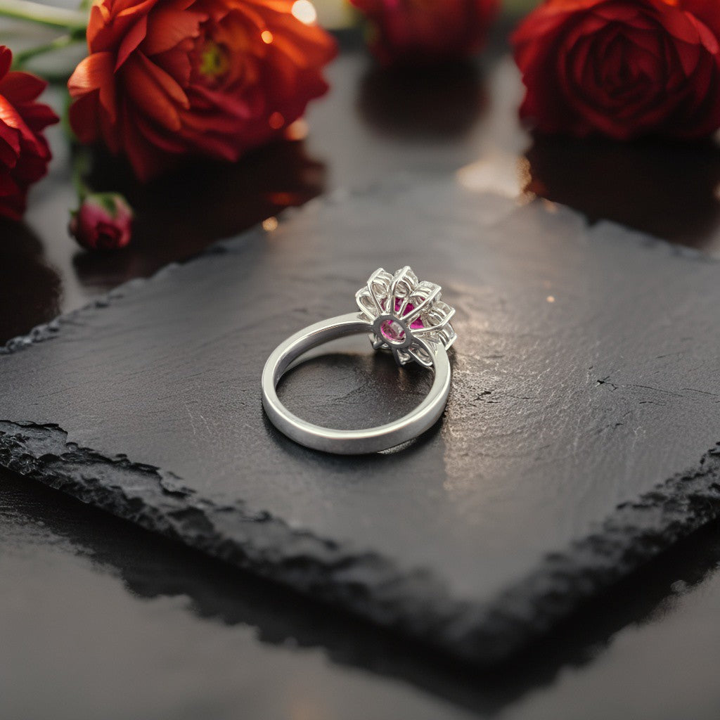 Ring aus 750er Weißgold mit einem Rubin und Diamantenkranz